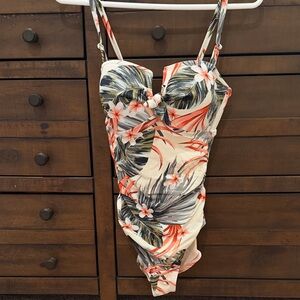 Floral One-Piece Swimsuit in Coral, Green & Cream